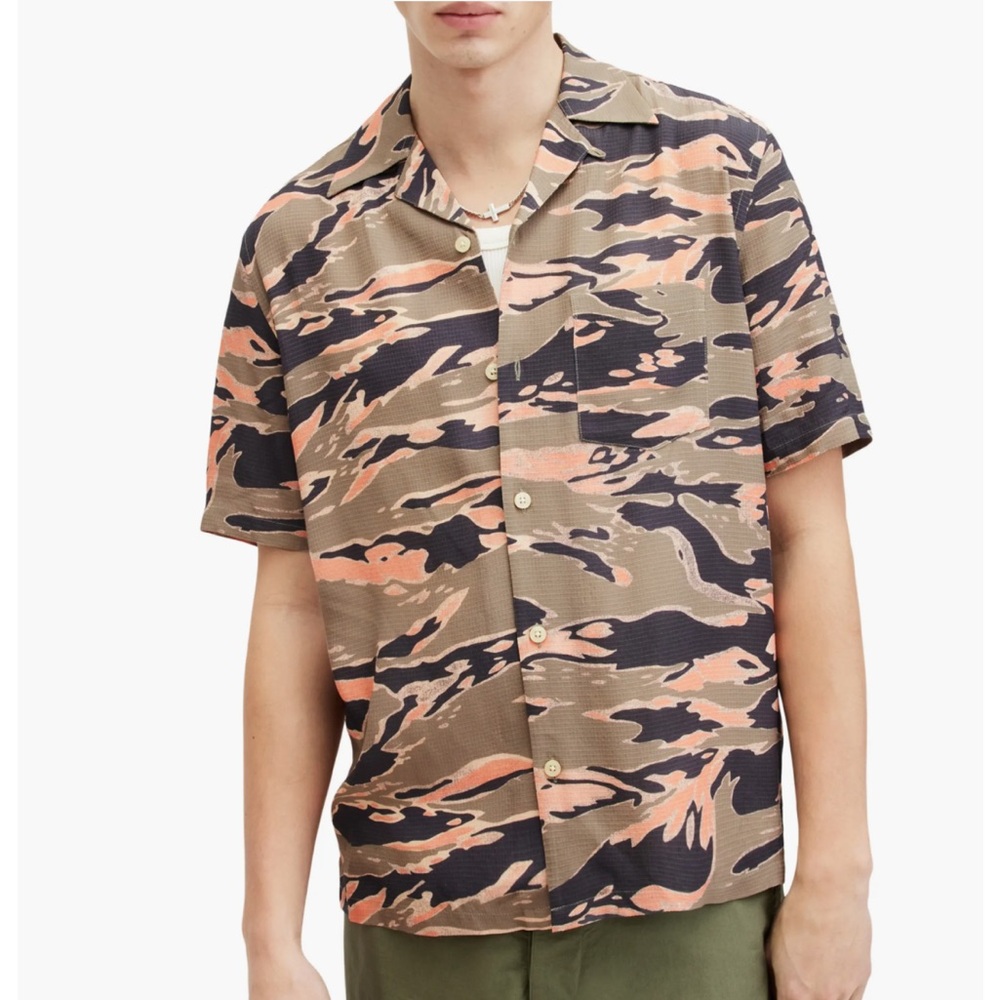 Men’s AllSaints Short-Sleeve Camo Button-Up Shirt — Olive & Coral size L
